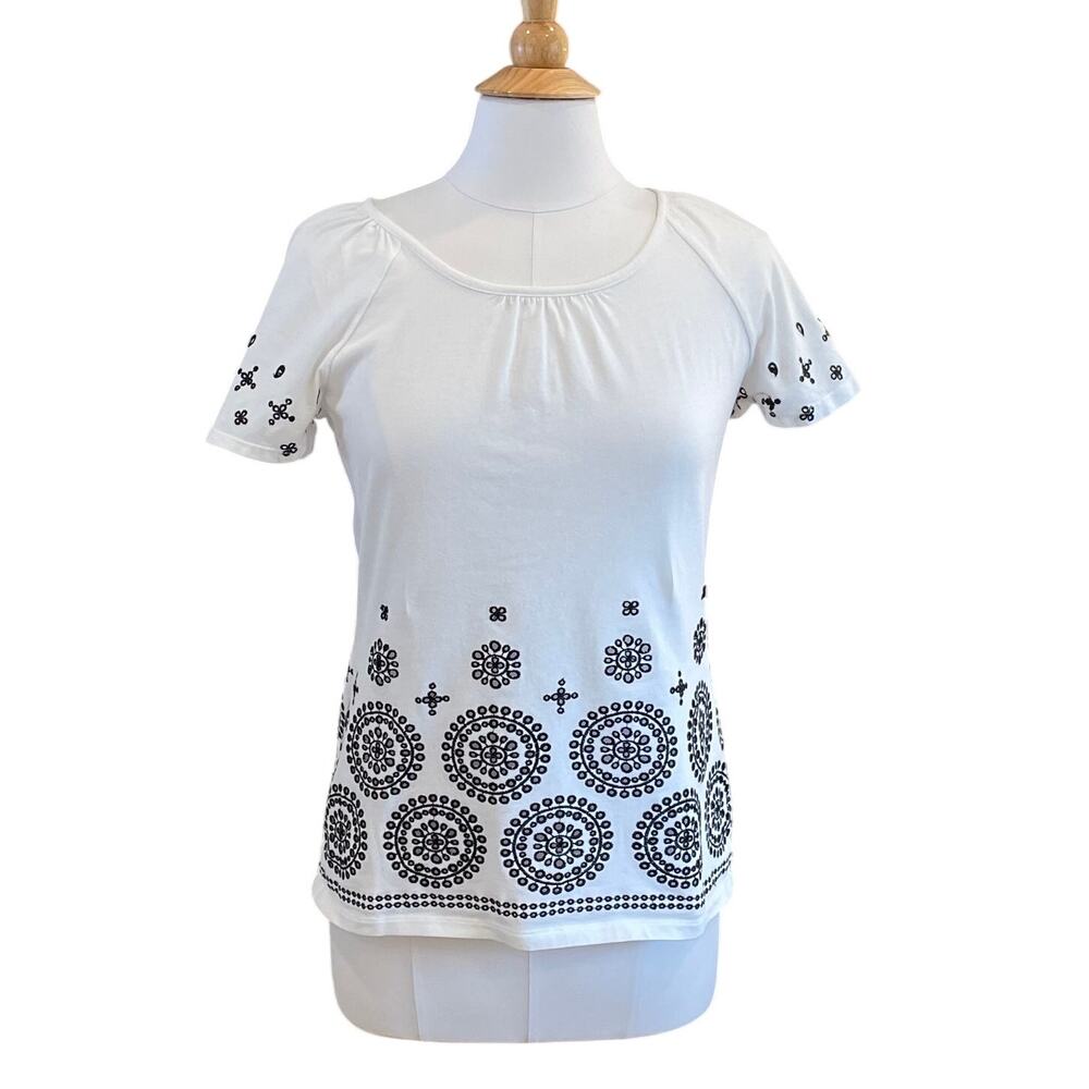 Charter Club Cotton Short Sleeve White Top, Black Eyelet Embroidered Trim, S
